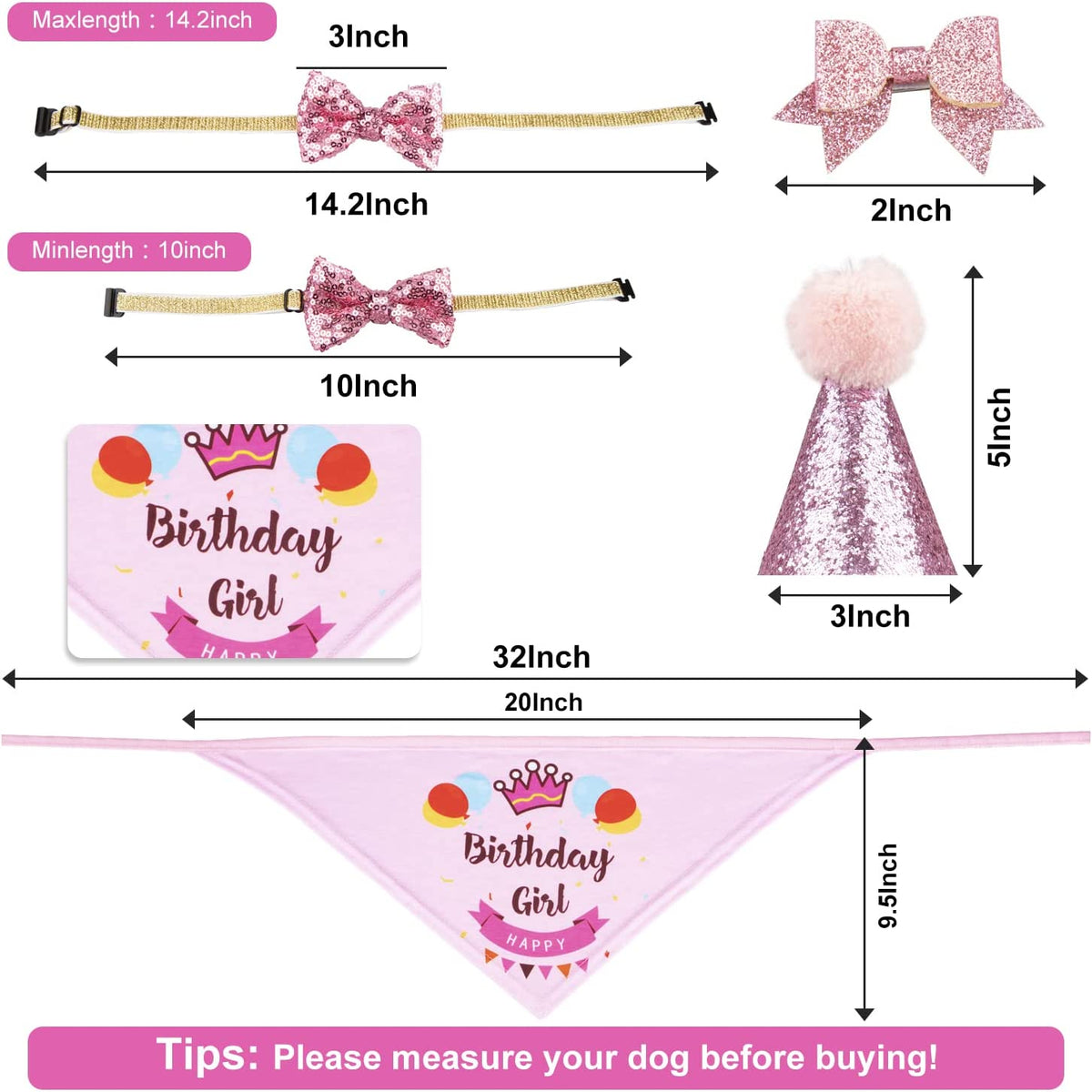 Dog Birthday Celebration Supplies Set: Bandana, Hat, Banner, and Bow Tie Scarf Decorations (Pink, for Dog Girls)