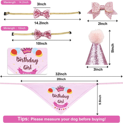 Dog Birthday Celebration Supplies Set: Bandana, Hat, Banner, and Bow Tie Scarf Decorations (Pink, for Dog Girls)