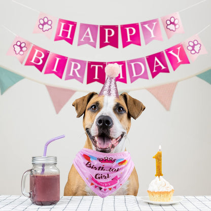 Dog Birthday Celebration Supplies Set: Bandana, Hat, Banner, and Bow Tie Scarf Decorations (Pink, for Dog Girls)