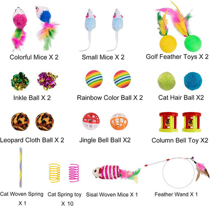 32-Piece Interactive Cat Toy Set Featuring Foldable Rainbow Tunnel, Teaser Wand, Plush Mouse, Crinkle Balls, and Bell for Puppies and Kittens (3-Way)