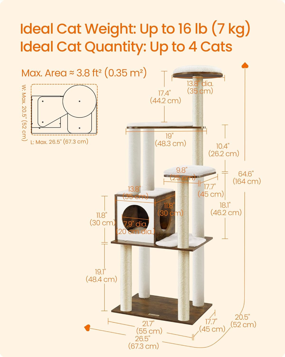64.6-Inch Multi-Level Cat Tree with Five Scratching Posts