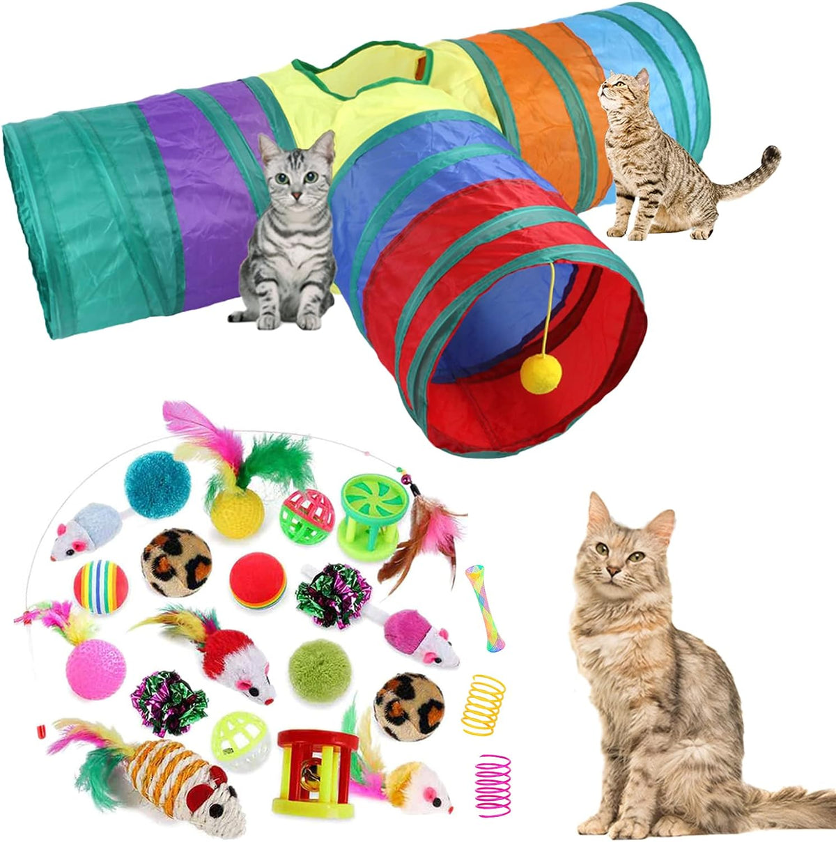 32-Piece Interactive Cat Toy Set Featuring Foldable Rainbow Tunnel, Teaser Wand, Plush Mouse, Crinkle Balls, and Bell for Puppies and Kittens (3-Way)
