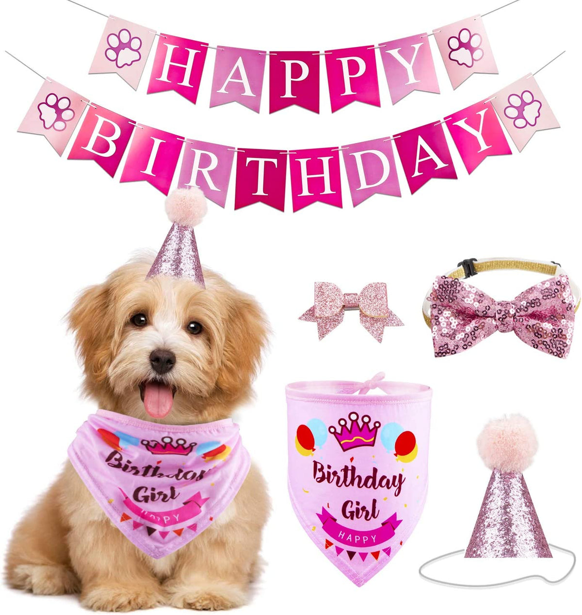 Dog Birthday Celebration Supplies Set: Bandana, Hat, Banner, and Bow Tie Scarf Decorations (Pink, for Dog Girls)