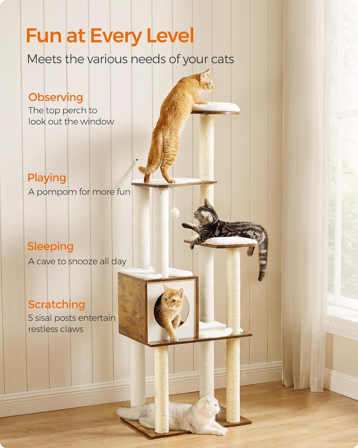 64.6-Inch Multi-Level Cat Tree with Five Scratching Posts